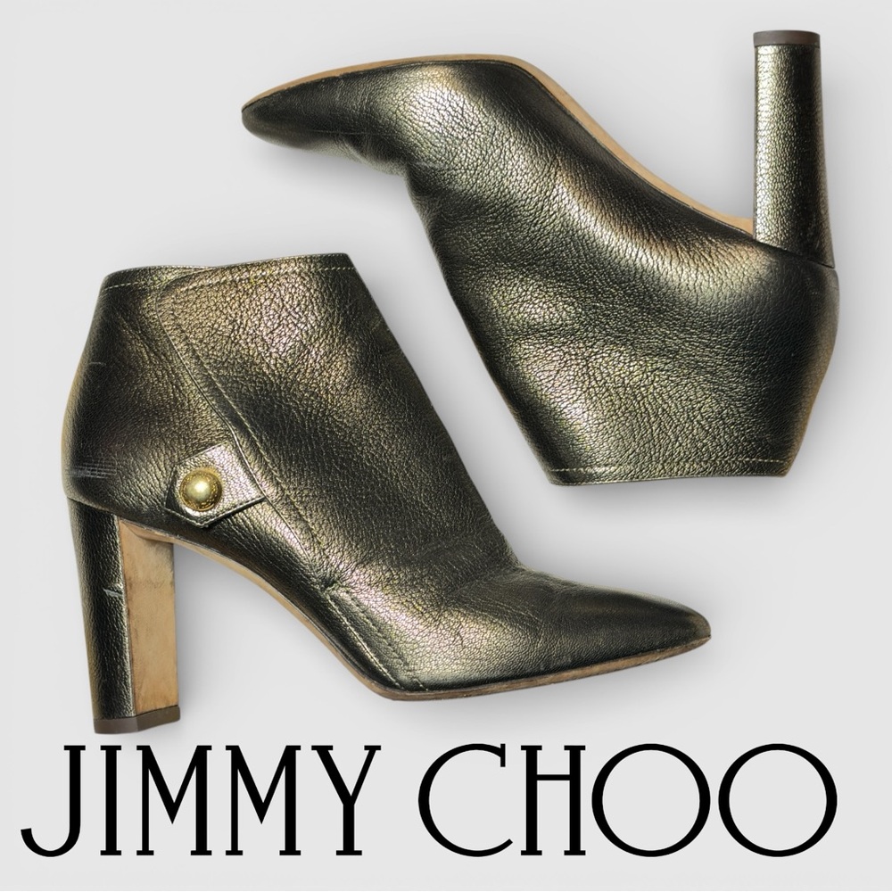 Jimmy Choo Bronze Metallic Leather Ankle Booties Block Heel Size 38